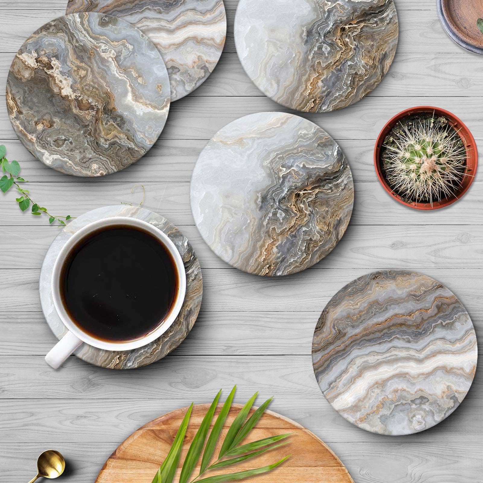 Britimes Coaster For Drinks Set Of 6, Grey Marble Golden Stone Agate Table Absorbent Round Ceramic Stone Mat, With Cork Base And